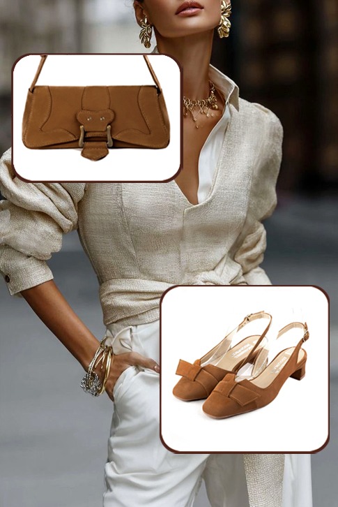 Women's caramel brown elegant slingback heels. Square toe. Low kitten heels - Worn view